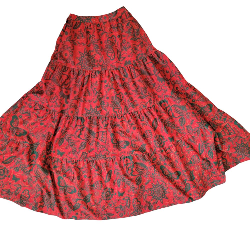 Vintage Women Maxi Peasant Skirt Tiered Ruffle Cottage Full Nature Print XS